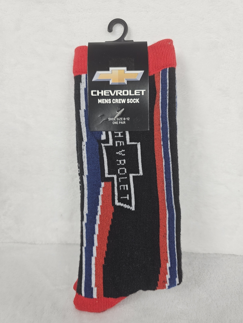 Chevrolet Men’s Crew Socks Size 8-12 Black with Red & Blue Stripes